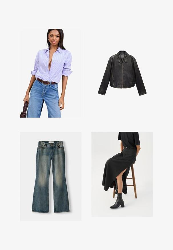 Giacca cropped in pelle nera con ampio colletto, maniche lunghe e chiusura con zip. Finitura testurizzata con dettagli di cucitura in vista.; Camicia a righe lavanda e bianca con maniche arrotolate, indossata con jeans di denim blu a vita alta e una cintura marrone.; Jeans flare blu con lavaggio sbiadito, cinque tasche e chiusura con bottone. Il materiale presenta una trama in denim con dettagli di cucitura sottili.; Gonna maxi in lino nera con uno spacco alto, indossata con una t-shirt nera e stivaletti neri. Design minimalista con una vestibilità rilassata.