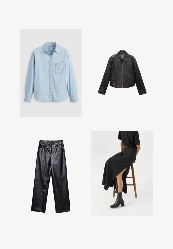 Black leather cropped jacket with large collar, long sleeves, and zip closure. Textured finish with visible stitching details.; Light blue denim shirt with a pointed collar, long sleeves, button closure, and a chest pocket featuring a small logo label.; Black faux leather wide-leg pants with a textured crocodile pattern, featuring front pockets and a button closure at the waist.; Black linen maxi skirt with a high slit, worn with a black t-shirt and black ankle boots. Minimalistic design with a relaxed fit.