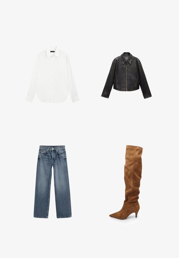 Zwarte leren cropped jack met grote kraag, lange mouwen en ritssluiting. Textuurafwerking met zichtbare stikdetails.; Wit overhemd met knopen, met een klassieke kraag, lange mouwen en een afgeronde zoom. Glad stof met een subtiele glans, voorzien van een centrale knoopsluiting.; Lichtblauw langemouwen turtleneckshirt met een opgevouwen hals en een eenvoudige, gladde stoftextuur op een witte achtergrond.; Hoge taille wijde spijkerbroek in medium blauwe denim met een vervaagde afwerking, vijf pocketdesign en zilverkleurige knoopsluiting.; Hoge bruine suède laarzen met een slouchy ontwerp, puntige neus en een lage hak. Beschikken over een gladde textuur en minimalistische stijl.