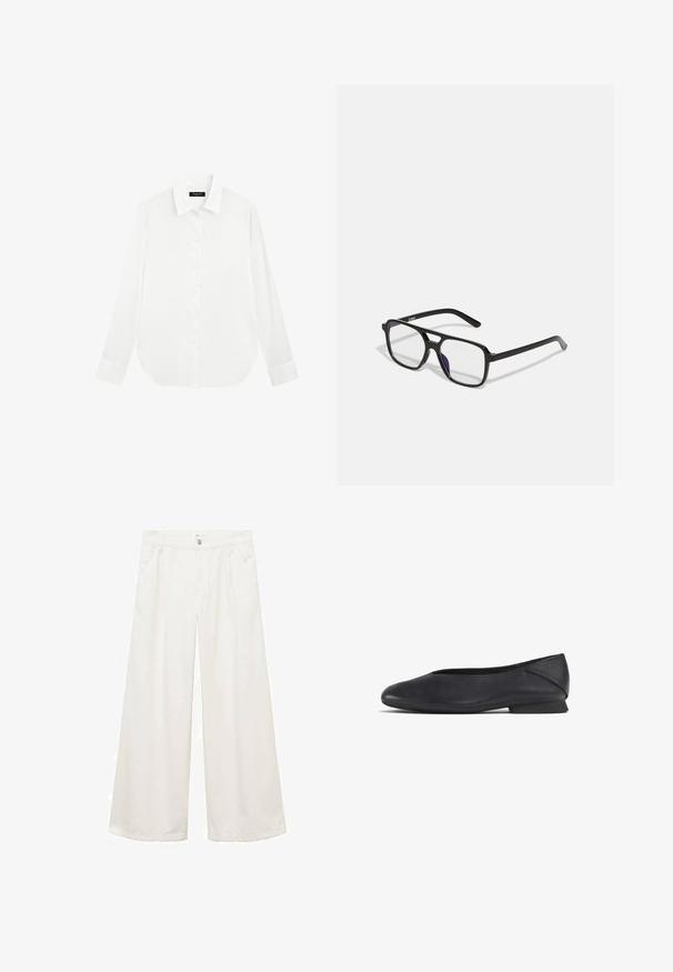 Zwarte leren cropped jack met grote kraag, lange mouwen en ritssluiting. Textuurafwerking met zichtbare stikdetails.; Wit overhemd met knopen, met een klassieke kraag, lange mouwen en een afgeronde zoom. Glad stof met een subtiele glans, voorzien van een centrale knoopsluiting.; Wijduitlopende, witte katoenen broeken met zijzakken, een knoop- en ritssluiting, en nette naden. Geschikt voor verschillende informele gelegenheden.; Zwarte leren platte schoen met ronde teen en lage hak, ontworpen voor casual of formele gelegenheden.; Zwarte rechthoekige brillen met heldere lenzen en een subtiele paarse tint, met slanke armen en een minimalistisch ontwerp.