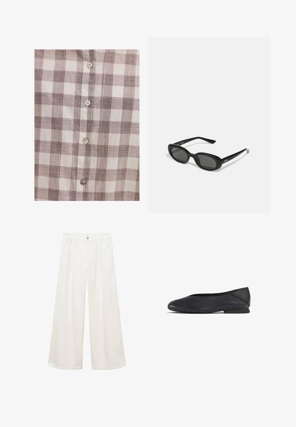 Black leather cropped jacket with large collar, long sleeves, and zip closure. Textured finish with visible stitching details.; Button-up shirt in beige and brown plaid pattern, features light fabric texture, five buttons down the front, and a classic collar.; Wide-leg, white cotton trousers with front pockets, a button and zipper closure, and clean seams. Suitable for various casual settings.; Black leather flat shoe with rounded toe and low heel, designed for casual or formal wear.; Black sunglasses with oval lenses, glossy plastic frame, and slender arms. Features Ray-Ban logo in white on the side.; DRAGON DIFFUSION SANTA CROCE BIG - Handbag - black