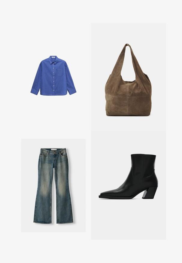Schwarze Leder-Cropped-Jacke mit großem Kragen, langen Ärmeln und Reißverschluss. Texturierte Oberfläche mit sichtbaren Nahtdetails.; Langarmhemd mit blauen Streifen, Knopfkragen, Brusttasche und abgerundetem Saum. Hergestellt aus glattem Stoff mit vertikalen Linien.; Blaue Schlagjeans mit einem ausgewaschenen Look, fünf Taschen und einem Knopfverschluss. Das Material zeigt eine Denim-Textur mit dezenten Stickdetails.; Schwarze Leder-Stiefelette mit spitzem Zeh, schlanker Silhouette und klobigem quadratischem Absatz. Glatte Textur mit minimalen Nähdetails.; Braune Wildleder-Hobo-Tasche mit einem einzelnen Schulterriemen, weicher Textur und runder Form. Verfügt über eine Naht in der Mitte für zusätzliche Details.