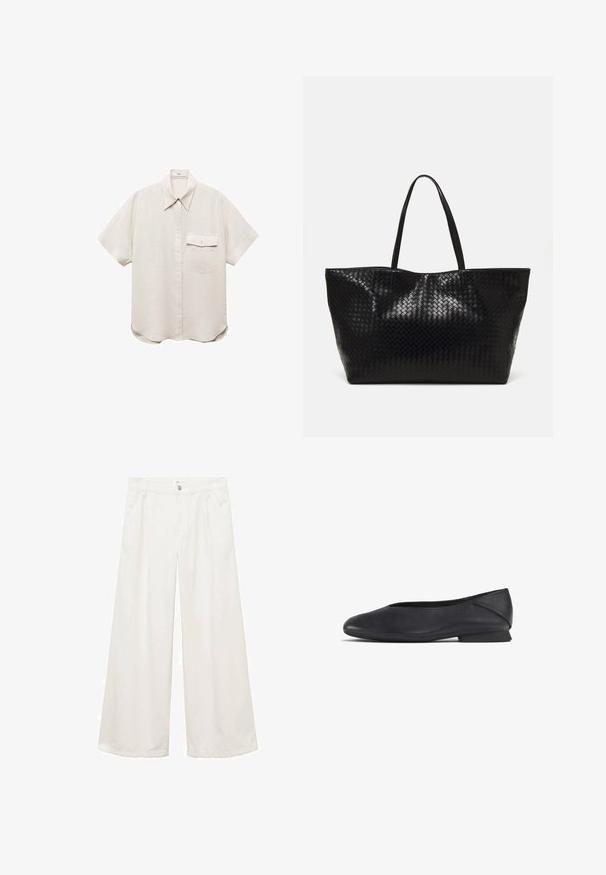 Černá kožená zkrácená bunda s velkým límcem, dlouhými rukávy a zapínáním na zip. Texturovaný povrch s viditelnými švy.; Kraťasová, světle béžová košile s knoflíkovou přední částí a jednou kapsou na prsou. Vyrobena z měkké, strukturované tkaniny.; Bílé bavlněné kalhoty s širokými nohavicemi, předními kapsami, zapínáním na knoflík a zip a čistými švy. Vhodné pro různé neformální příležitosti.; Černé kožené ploché boty s kulatou špičkou a nízkým podpatkem, navržené pro neformální i formální nošení.; Černá tkaná taška přes rameno s dvěma pevným uchy, má lesklou texturu a prostorný otevřený vrch.