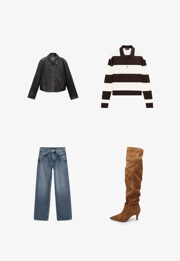 Schwarze Leder-Cropped-Jacke mit großem Kragen, langen Ärmeln und Reißverschluss. Texturierte Oberfläche mit sichtbaren Nahtdetails.; Langärmliges Polohemd mit abwechselnd dunkelschokoladenbraunen und weißen horizontalen Streifen, einem Kragen und einer geknöpften Leiste. Hergestellt aus weichem Stoff.; Hochtaillierte, weite Jeans aus mittlerem blauen Denim mit einem verblassten Finish, Fünf-Taschen-Design und silberfarbener Knopfverschluss.; Hohe, braune Wildlederstiefel mit einem lässigen Design, spitzer Zehenform und kleinem Absatz. Sie zeichnen sich durch eine glatte Textur und einen minimalistischen Stil aus.
