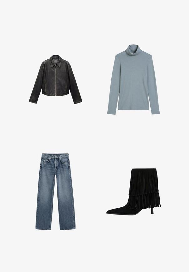 Czarna skórzana kurtka o krótkim kroju z dużym kołnierzem, długimi rękawami i zapięciem na zamek. Teksturowane wykończenie z widocznymi detalami szwu.; Jasnoniebieska bluzka z długim rękawem i golfem z zagiętym kołnierzykiem o prostej, gładkiej fakturze materiału na białym tle.; Jeansy o wysokim stanie i szerokich nogawkach w średnim niebieskim denimu z wyblakłym wykończeniem, z pięcioma kieszeniami i zapięciem na guzik w kolorze srebrnym.; Czarne zamszowe botki za kostkę z warstwowym designem frędzli, szpiczastym noskiem i obcasem w szpilkę. Tekstura jest miękka, a wykończenie wydaje się gładkie.