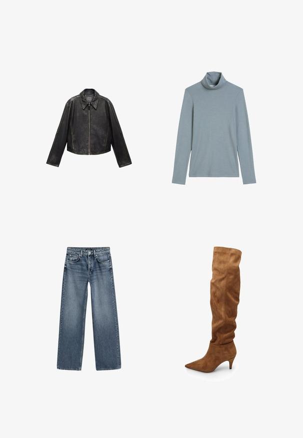Svart läderkorthalsjacka med stor krage, långa ärmar och dragkedjestängning. Texturerad ytbehandling med synliga sömdetaljer.; Ljusblå långärmad polotröja med vikbar krage och enkel, slät tygtextur på en vit bakgrund.; Höga vida jeans i medelblå denim med en urtvättad finish, femfickorsdesign och knappstängning i silverfärg.; Långa bruna mockaboots med en slouchy design, spetsig tå och låg klack. Har en slät struktur och minimalistisk stil.