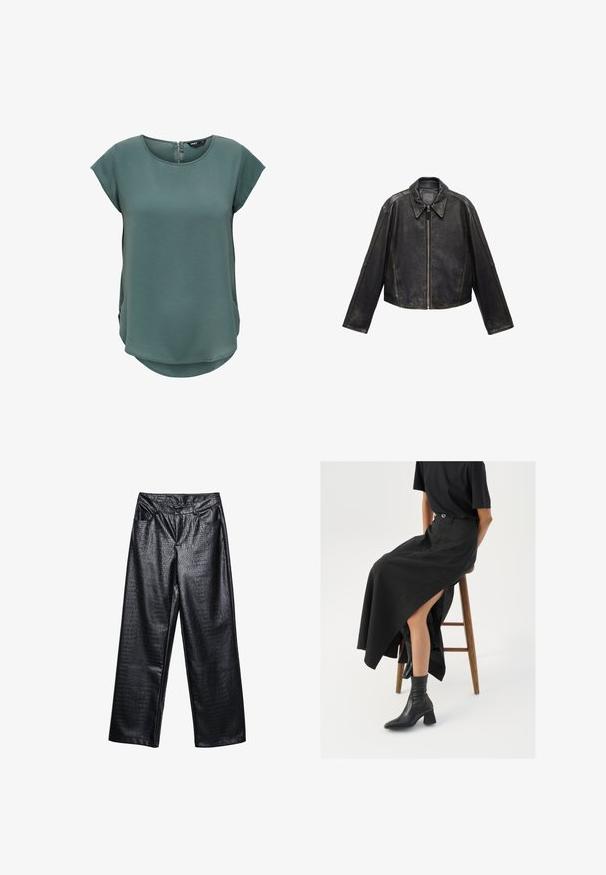 Sort læder cropped jakke med stor krave, lange ærmer og lynlås. Tekstureret overflade med synlige syninger.; Grøn kortærmet bluse lavet af struktureret stof. Har en rund halsudskæring og en diskret lynlås i ryggen, samt en let buet sømdetalje.; Sorte faux læderbukser med bred benvidde, dekoreret med et tekstureret krokodillemønster, der har forlommer og en knaplukning i taljen.; Sort linned maxi-nederdel med en høj slids, båret med en sort t-shirt og sorte ankelstøvler. Minimalistisk design med en afslappet pasform.