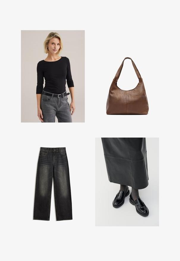 Crna kožna skraćena jakna s velikim ovratnikom, dugim rukavima i zatvaranjem na patentni zatvarač. Teksturna završna obrada s vidljivim šavovima.; Crna majica dugih rukava s širokim izrezom, uparena sa sivoj trapericama srednjeg struka i crnim remenom. Materijal izgleda mekano i prilagođava se tijelu.; Široke crne traperice od denima s izblijedjelom teksturom, dizajnom s pet džepova i kontrastnim šavovima. Ima kopčanje na dugme i petlje za pojas.; Crne kožne mokasine s glatkom završnom obradom, s dekorativnom trakicom, okruglim vrhom i teksturiranom potplatom. Nosi se s dugom crnom kožnom suknjom.; Smeđi kožni ručni torba s mekanim, zaobljenim oblikom. Ima jednu čvrstu naramenicu i diskretne detalje šivanja. Glatka tekstura.