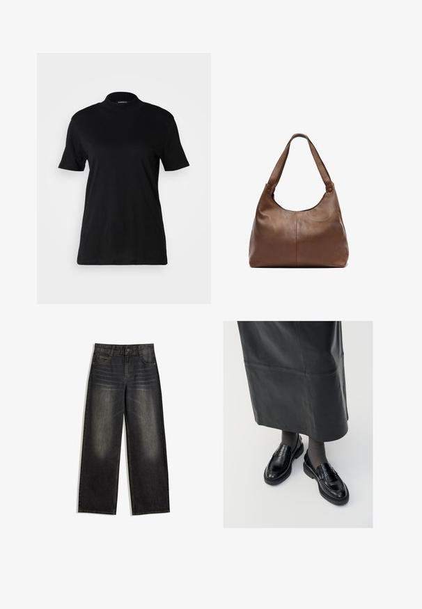Black leather cropped jacket with large collar, long sleeves, and zip closure. Textured finish with visible stitching details.; Black short-sleeve t-shirt with a high neckline, made of smooth cotton fabric. Simple design with no visible patterns or graphics.; Wide-leg black denim jeans with faded texture, five-pocket design, and contrasting stitching. Features button closure and belt loops.; Black leather loafers with a smooth finish, featuring a decorative strap, round toe, and textured sole. Worn with a long black leather skirt.; Brown leather handbag with a soft, rounded shape. Features a single, sturdy strap and subtle stitching details. Smooth texture.