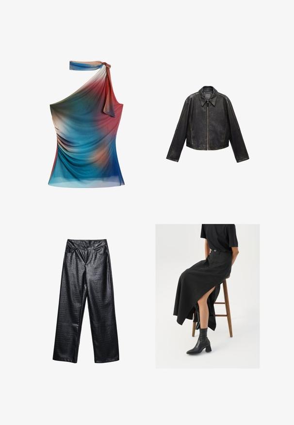 Black leather cropped jacket with large collar, long sleeves, and zip closure. Textured finish with visible stitching details.; Asymmetrical one-shoulder top in gradient colors of blue, red, and peach, made from lightweight, textured fabric with draped detailing.; Black faux leather wide-leg pants with a textured crocodile pattern, featuring front pockets and a button closure at the waist.; Black linen maxi skirt with a high slit, worn with a black t-shirt and black ankle boots. Minimalistic design with a relaxed fit.