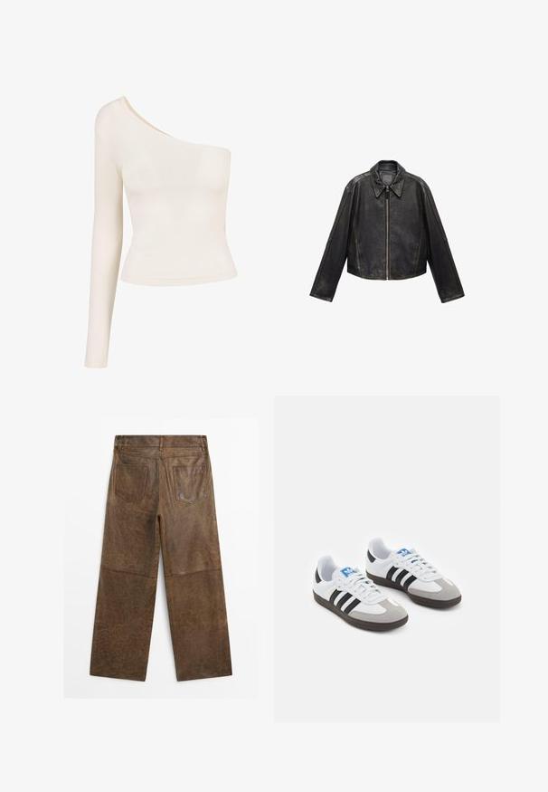 Sort læder cropped jakke med stor krave, lange ærmer og lynlås. Tekstureret overflade med synlige syninger.; Langærmet top i lys beige med udskæring på den ene skulder. Glat, strækbart stof; tætsiddende design fremhæver silhuetten. Ingen mønstre eller udsmykninger.; Brune læder vide bukser med to baglommer og synlig syning, vist fra bagsiden på en hvid baggrund.; Sportsko med en overdel i hvid læder, grå ruskind på tåen og tre sorte striber. Har et blåt logo på tungen og en struktureret gummisål.