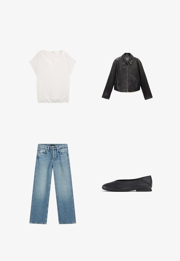 Black leather cropped jacket with large collar, long sleeves, and zip closure. Textured finish with visible stitching details.; White short-sleeve top with a V-neck, textured fabric, relaxed fit, and elastic hem detail, suitable for casual wear.; Light blue wide-leg jeans made from denim. Features five pockets, a button closure, and subtle fading, creating a textured appearance.; Black leather flat shoe with rounded toe and low heel, designed for casual or formal wear.