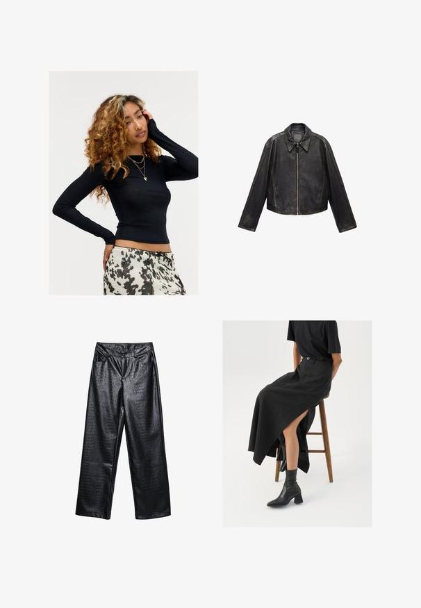 Črna usnjena skrajšana jakna z velikim ovratnikom, dolgimi rokavi in zadrgo. Učinkovit teksturirani zaključek z vidnimi šivi.; Mlada ženska z kodrasto frizuro, oblečena v črno dolg rokav majico, večplastne zlato verige in belo-črno vzorčasto krilo, pozira z eno roko na obrazu.; Črne široke hlače iz umetnega usnja z teksturiranim krokodiljim vzorcem, z sprednjimi žepi in gumbom za zapiranje v pasu.; Črna lanena maxi krilo z visokim razporkom, oblečeno s črno majico in črnimi gležnjarji. Minimalističen dizajn z udobnim krojem.