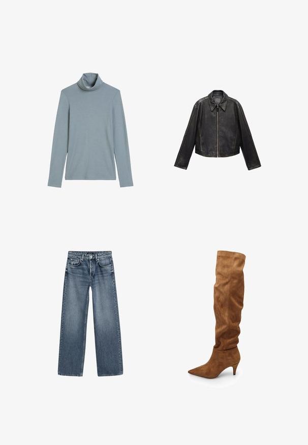 Zwarte leren cropped jack met grote kraag, lange mouwen en ritssluiting. Textuurafwerking met zichtbare stikdetails.; Lichtblauw langemouwen turtleneckshirt met een opgevouwen hals en een eenvoudige, gladde stoftextuur op een witte achtergrond.; Hoge taille wijde spijkerbroek in medium blauwe denim met een vervaagde afwerking, vijf pocketdesign en zilverkleurige knoopsluiting.; Hoge bruine suède laarzen met een slouchy ontwerp, puntige neus en een lage hak. Beschikken over een gladde textuur en minimalistische stijl.