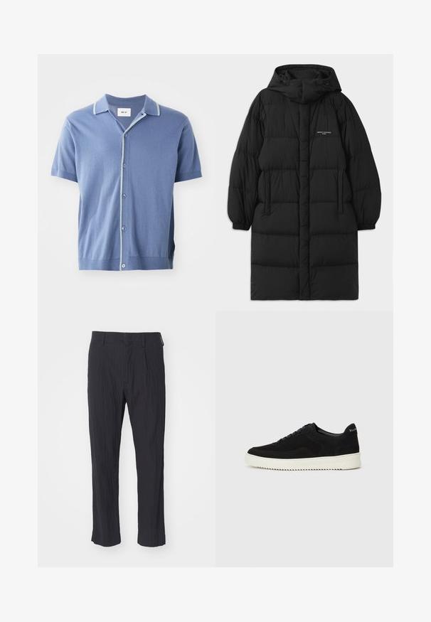 Czarna kurtka puchowa z kapturem, posiadająca pikowany wzór i elastyczne mankiety. Z przodu znajdują się boczne kieszenie oraz mały detal z logo.; NN.07 NOLAN niebieski; Czarne spódnice z plisowaniem z teksturowanej tkaniny, z prostą nogawką i standardowym pasem. Brak widocznych kieszeni lub elementów metalowych.; Czarne zamszowe sneakersy z designem na sznurówki i kontrastującą białą gumową podeszwą. Posiadają teksturowane boczne panele oraz subtelne logo na pięcie.
