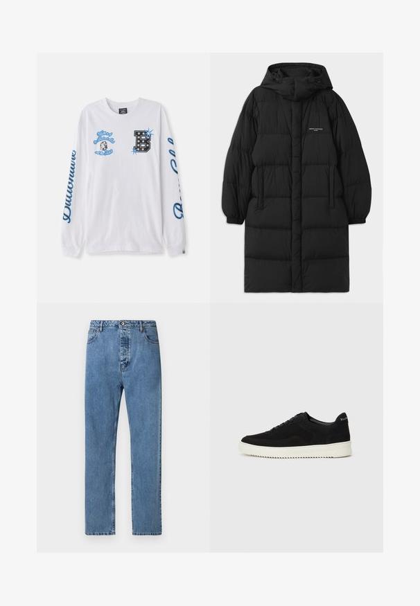 Black puffer coat with a hood, featuring a quilted design and elastic cuffs. The front includes side pockets and a small logo detail.; White long-sleeve t-shirt in cotton with blue graphic designs, including text and a decorative "B." Features a round neck and cuffed sleeves.; Blue denim jeans with a straight fit, featuring a front button and zipper closure, five-pocket design, and subtle faded texture.; Black suede sneaker with lace-up design and contrasting white rubber sole. Features textured side panels and subtle branding on the heel.