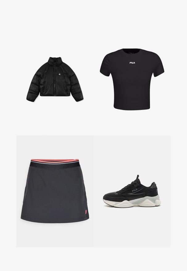Czarna kurtka puchowa o skróconym kroju, z wysokim kołnierzem i zapięciem na zamek. Posiada logo na klatce piersiowej oraz gładką, błyszczącą teksturę.; Czarny krótki top z krótkimi rękawami, wykonany z miękkiego materiału, z białym logo FILA na środku klatki piersiowej i okrągłym dekoltem.; Czarna spódnica z dopasowanym paskiem w różowo-białe paski. Wykonana z lekkiego materiału, z delikatnym połyskiem i lekko rozkloszowanym krojem.; Czarne sneakersy wykonane z siateczki i zamszu, z grubą podeszwą, zaokrąglonym kształtem, subtelnymi szaro-skalnymi akcentami i logo marki po boku.