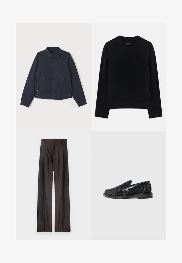 Veste bleu marine en tissu, dotée d'une fermeture éclair sur le devant, d'un col pointu, de deux grandes poches avant et d'une broderie de logo discrète.; Pull noir en tissu doux, à col rond, à manches longues, avec une coupe décontractée et un ourlet côtelé. Design simple et uni, sans motifs.; Pantalons larges en tissu marron foncé. Dotés d'une texture lisse, d'une taille structurée et de plis avant subtils.; Chaussure slip-on tissée noire avec un accent en cuir lisse sur le dessus, un design à bout rond et une semelle en caoutchouc à profil bas.