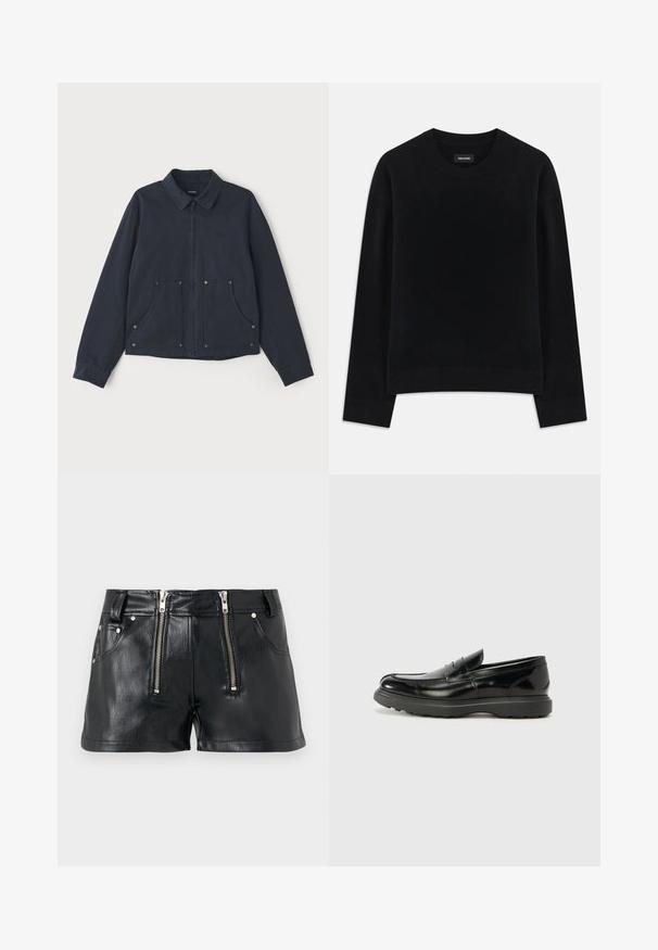 Námornícky modrá bunda z textilu s predným zipsom, špicatým golierom, dvoma veľkými prednými vreckami a diskrétnym výšivkou loga.; Čierny sveter vyrobený z mäkkej látky, s okrúhlym výstrihom, dlhými rukávmi, uvoľneným strihom a rebrovaným lemom. Jednoduchý, jednofarebný dizajn bez vzorov.; Čierne kraťasy z falošnej kože s dvojitými prednými zipsami, dvoma bočnými vreckami a hladkou, lesklou textúrou. Krátka dĺžka a prispôsobený strih.; Čierne kožené mokasíny s lesklým povrchom, okrúhlou špicou, subtilnými švami a hrubou gumovou podrážkou pre zvýšenú odolnosť.