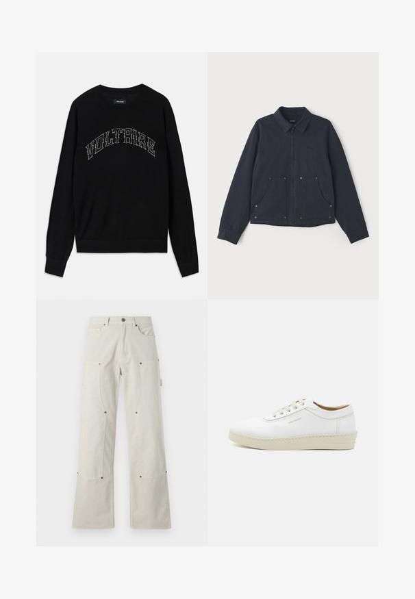 Tumed sinine jakk, mis on valmistatud kangast, seda iseloomustab eest lukuga kinnitamine, terav krae, kaks suurt eesmist taskut ja diskreetne logo tikand.; Must mustre masinaga ja pikkade varrukatega. Rinnas kontrastsetes õmblustes sõna "VOLTAIRE". Pehme tekstuur ja keha lähedal olev disain.; Laiad, heledast beežist puuvillast püksid, millel on sile tekstuur, mis sisaldavad paigaldustaskuid ja metallist aktsente.; Valge nahkne tenniseking, millel on tekstureeritud pind, ümar varbaosa, beež kummitald ning kuus halli paeldokki, millel on külgedel õrn brändimingutus.