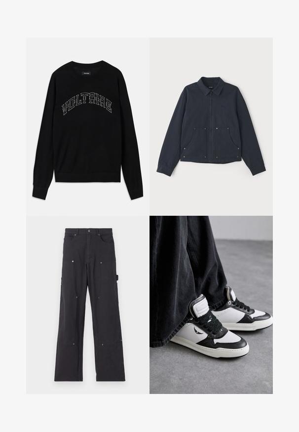 Jūras zila jaka, kas izgatavota no auduma, ar rāvējslēdzēju priekšpusē, ar punktētu apkakli, divām lielām priekšējām kabatām un diskrētu logotipa izšuvumu.; Melnā džemperis ar apaļu kakla izgriezumu un garām piedurknēm. "VOLTAIRE" kontrastējošā izšuvumā krūtīs. Mīksta tekstūra un pieguļošs dizains.; Melni cargo bikses, izgatavotas no izturīgas auduma, ar taisnu kāju dizainu, kas aprīkotas ar priekšējām kabatām, sprādzēm un sānu utilitātes kabatām.; Melnas un baltas augstās kedas ar teksturētu melnu šņorēšanas detalizāciju, izgatavotas no ādas un sintētiskā materiāla, ar logo uz sāna.