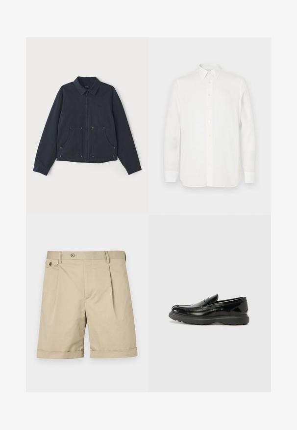 Jachetă bleumarin din material, cu fermoar frontal, guler ascuțit, două buzunare mari frontale și broderie subtilă cu logo.; Cămașă albă cu mânecă lungă, realizată dintr-un material ușor, cu guler clasic, închidere cu nasturi și tiv drept. Textură netedă.; Șorturi bej dintr-un amestec de bumbac, cu pliuri frontale, închidere cu nasture și manșete răsucite pentru un plus de detaliu stilistic.; Mocasin din piele neagră cu o finisare lucioasă, vârf rotunjit, detalii de cusătură subtile și o talpă groasă din cauciuc pentru durabilitate.