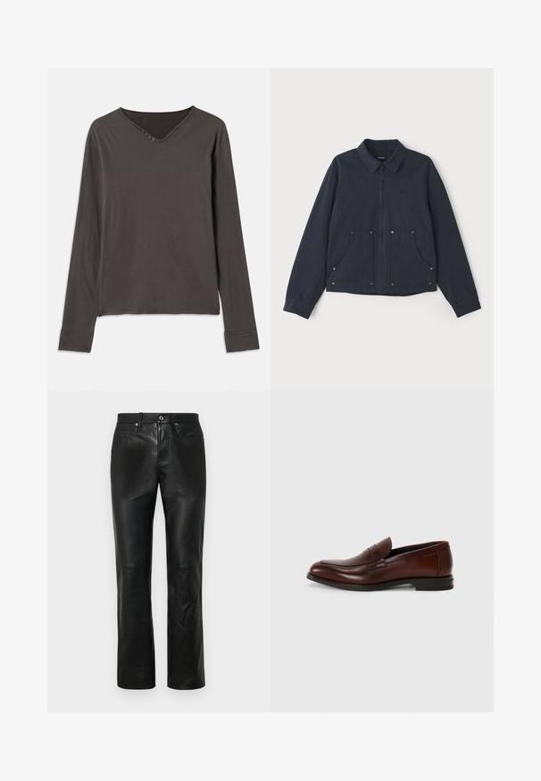 Jūras zila jaka, kas izgatavota no auduma, ar rāvējslēdzēju priekšpusē, ar punktētu apkakli, divām lielām priekšējām kabatām un diskrētu logotipa izšuvumu.; Tumši pelēkas krāsas garām piedurknēm topiņš ar V veida dekoltē un četru pogu aizdari. Mīksta auduma, brīvā piegriezuma un ar šūtiem aprocēm.; Melnas ādas bikses ar taisnas kājas dizainu, ar pogu aizdari, četriem kabatām un gludu tekstūru. Redzami pastiprināti šuvju detaļas.; Brūni ādas loaferi ar noapaļotu purngalu, priekšējo siksniņu un zemu krautu papēdi. Gluda tekstūra ar minimāliem dekoratīviem akcentiem.