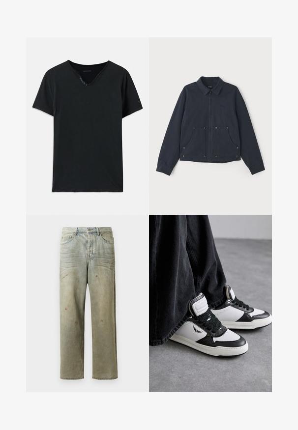 Námornícky modrá bunda z textilu s predným zipsom, špicatým golierom, dvoma veľkými prednými vreckami a diskrétnym výšivkou loga.; Čierne bavlnené tričko s výstrihom do V, krátkymi rukávmi a piatimi gombíkmi na výstrihu. Hladká textúra s minimálnymi detailmi šitia.; Zničené džínsy vo svetlozelenej farbe s rovnými nohavicami, piatimi vreckami a nerovnomerným vyblednutím so škvrnami od farby.; Čierno-biele vysoké tenisky so štruktúrovaným čiernym šnurovaním, vyrobené z kože a syntetického materiálu, s logom na boku.