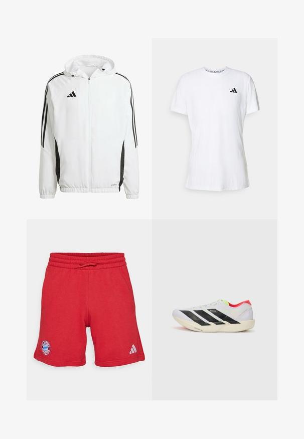 Weißes Sportjackett mit Kapuze, ausgestattet mit schwarzen Streifen entlang der Ärmel und einem Adidas-Logo auf der oberen linken Brust. Elastische Bündchen.; Weißes Baumwoll-T-Shirt mit kurzen Ärmeln, das eine strukturierte Oberfläche aufweist und ein schwarzes Logo mit drei Streifen auf der linken Brust hat. Rundhalsausschnitt.; Rote Sportshorts aus weichem, atmungsaktivem Material. Mit einem elastischen Bund und Kordelzug, FC Bayern München-Logo und Adidas-Branding.; Weißer Sportschuh mit schwarzen Streifen, neongrünen Akzenten und einer roten Ferse. Hat ein leichtes Design und eine strukturierte Sohle für besseren Grip.