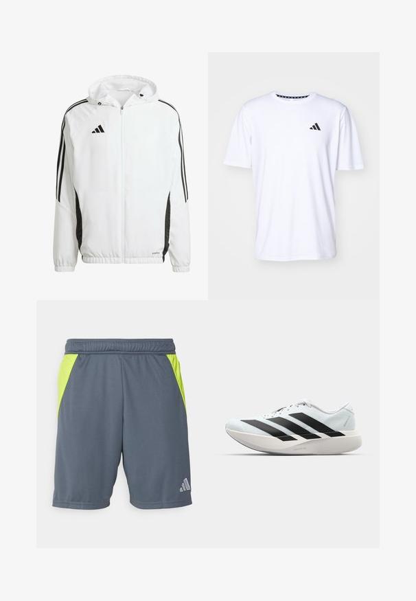 Weißes Sportjackett mit Kapuze, ausgestattet mit schwarzen Streifen entlang der Ärmel und einem Adidas-Logo auf der oberen linken Brust. Elastische Bündchen.; Weißes T-Shirt mit kurzen Ärmeln aus glattem Stoff. Verfügt über ein schwarzes adidas-Logo auf der linken Brust und einen gemusterten Kragen.; Graue Sportshorts mit neongrünen Seiteneinsätzen, elastischem Bund und einem kleinen silbernen Logo auf der unteren rechten Seite. Glatte Stofftextur.; Leichte Laufschuhe in hellblau mit schwarzen Streifen. Sie verfügen über ein glattes Obermaterial, eine runde Zehenpartie und eine dicke weiße Zwischensohle, die mit "LIGHTSTRIKE PRO" beschriftet ist.
