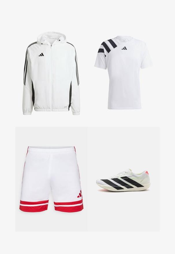 Witte sportjack met capuchon, met zwarte strepen langs de mouwen en een Adidas-logo op de bovenste linkerborst. Elastische manchetten.; Witte lichtgewicht sportshirt met zwarte strepen op de linker schouder en zwart logo op de borst. Korte mouwen, ronde halsontwerp.; Witte sportshorts met rode accenten, voorzien van twee horizontale rode strepen aan de onderrand, een elastische tailleband en een logo in de rechterbenedenhoek.; Witte sportieve schoen met zwarte diagonale strepen, gemaakt van lichtgewicht mesh materiaal, groene accenten en een rode hielstrook; heeft een slank, verlengd ontwerp.