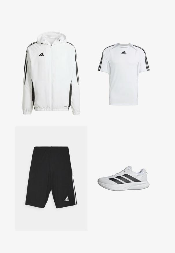 Witte sportjack met capuchon, met zwarte strepen langs de mouwen en een Adidas-logo op de bovenste linkerborst. Elastische manchetten.; Witte sportieve t-shirt met korte mouwen en zwarte Adidas drie-strepen accenten op de schouders, gemaakt van gladde, lichte stof.; Zwarte sportshorts met een soepele textuur, voorzien van witte zijkanten en een wit logo aan de onderzijde rechts. Verstelbare tailleband.; Witte sportschoenen met een ademende mesh bovenkant, voorzien van drie zwarte strepen, een lichtgewicht ontwerp en een gestructureerde zool voor grip.