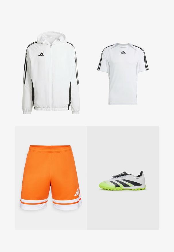 Witte sportjack met capuchon, met zwarte strepen langs de mouwen en een Adidas-logo op de bovenste linkerborst. Elastische manchetten.; Witte sportieve t-shirt met korte mouwen en zwarte Adidas drie-strepen accenten op de schouders, gemaakt van gladde, lichte stof.; Oranje sportieve shorts met een gladde textuur, elastische tailleband en witte strepen aan de onderkant. Drie-strepen logo in het wit aan de zijkant.; Witte en zwarte voetbalschoenen met neon groene accenten. Gelaagd bovenmateriaal, zwarte strepen en gevormde noppen op een contrasterende levendige zool.