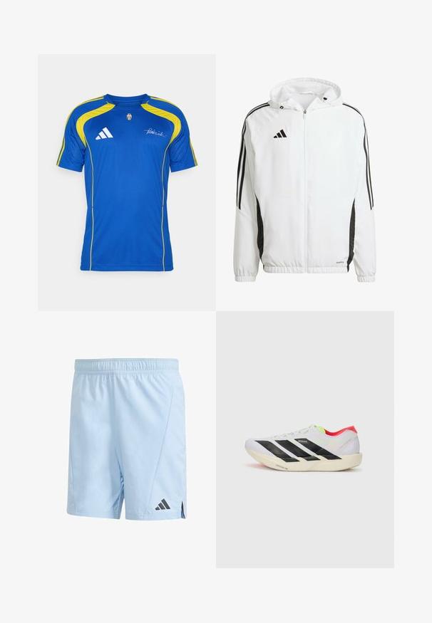 Witte sportjack met capuchon, met zwarte strepen langs de mouwen en een Adidas-logo op de bovenste linkerborst. Elastische manchetten.; adidas Performance JUVENTUS TURIN URBAN PURIST JERSEY - Fanartikel - team royal blue; Lichtblauwe sportshorts gemaakt van lichtgewicht materiaal. Voorzien van een elastische tailleband en een zwart Adidas-logo aan de onderlinkerkant.; Witte hardloopschoen met zwarte strepen, neon groene accenten en een rode hak. Beschikt over een lichtgewicht ontwerp en een gestructureerde zool voor grip.