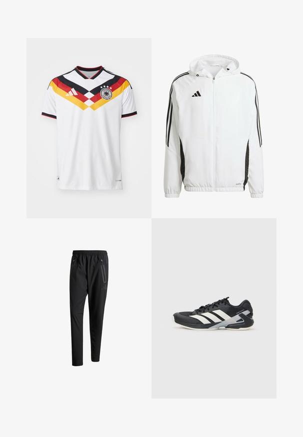 Witte sportjack met capuchon, met zwarte strepen langs de mouwen en een Adidas-logo op de bovenste linkerborst. Elastische manchetten.; Witte voetbalshirt met een V-hals, featuring zwarte, rode en gele diagonale strepen, een teamlogo en een textuurpatroon.; Zwarte sportbroeken met een elastische tailleband, twee ritszakken aan de zijkant, taps toelopende pijpen en een subtiele logo-detail op de heup.; Zwarte sportschoen met witte strepen, bovenwerk van mesh, ronde neus en geveerde zool. Heeft een getextureerde hak en een veilig vetersysteem.