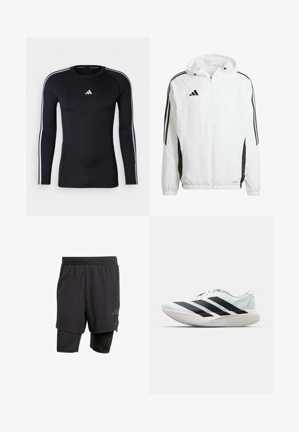 Witte sportjack met capuchon, met zwarte strepen langs de mouwen en een Adidas-logo op de bovenste linkerborst. Elastische manchetten.; Zwart atletisch shirt met lange mouwen en een getailleerd ontwerp. Kenmerkt zich door een wit Adidas-logo op de borst en witte strepen langs de schouders.; Zwarte sportshorts met geïntegreerde binnenlaag, gemaakt van ademend materiaal. Bevat een subtiele logo en gestructureerde textuur. Verstelbare tailleband.; Lichte hardloopschoenen in lichtblauw met zwarte strepen. Beschikt over een soepele bovenkant, ronde neusstuk en dikke witte tussenzool met het label "LIGHTSTRIKE PRO."