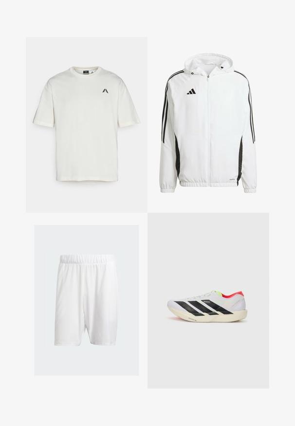 Giacca atletica bianca con cappuccio, caratterizzata da strisce nere lungo le maniche e da un logo Adidas sul lato sinistro del petto. Polsini elasticizzati.; adidas Performance ANTHONY ADWARDS ANTED TEE - T-Shirt sport - cloud white; Pantaloni sportivi bianchi realizzati in tessuto leggero, con una vita elasticizzata, texture liscia e taglio fino al ginocchio.; Scarpa da corsa bianca con strisce nere, dettagli in verde neon e tallone rosso. Presenta un design leggero e una suola testurizzata per aderenza.