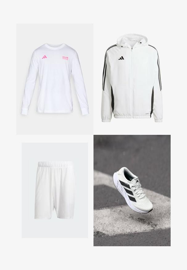 Weißes Sportjackett mit Kapuze, ausgestattet mit schwarzen Streifen entlang der Ärmel und einem Adidas-Logo auf der oberen linken Brust. Elastische Bündchen.; Weißes Langarmshirt mit Rundhalsausschnitt und pinkem Adidas-Logo sowie dem Text "BMW Berlin Marathon" auf der Brust.; Weiße Sportshorts aus leichtem Material, mit elastischem Bund, glatter Textur und knielangem Schnitt.; Weiße Sportschuh mit strukturiertem Mesh-Obermaterial, schwarzen Streifen, Schnürverschluss und gepolstertem Sohlen, schwebt über einer markierten Straßenoberfläche.