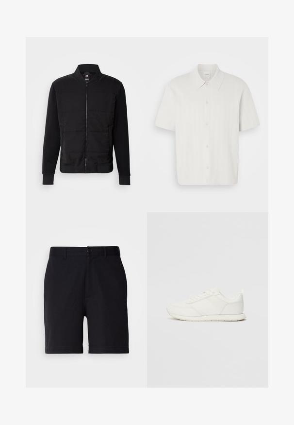 Must have musta, millel on padjakleidi torso, ühtlast värvi varrukad, soonikud ja eesmine lukuga sulgemine. Materjal koosneb sünteetilisest ja puuvillasegust.; Lühikeste varrukatega valgest kangast särk, millel on ribakujuline tekstuur, klassikaline krae ning nööbid ees.; Must mustrimal õhkulähedase puuvilla segu kangast, mis on klassikalise lõikega, ees taskud ja nööbitav sulgur vööl.; Valged tennisesid, millel on võrgust ja sünteetilisest materjalist ülemine osa, ümar varvas, lamedad paelad ja tekstureeritud külgmine triip. Kummist tallaosa, tagaküljel tõmbetab.