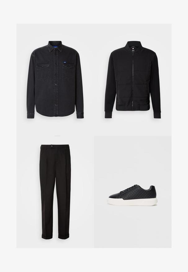 Musta bomber-takki, jossa on pehmustettu torsio, kiinteät hihat, ribbireunat ja edessä vetoketjukiinnitys. Materiaali koostuu synteettisistä ja puuvillasekoitteista.; Musta farkkupaita, jossa on klassinen kaulus, kaksi rintataskua ja nappisuljenta. Siinä on pitkät hihat ja rento istuvuus.; Mustat housut, joissa on sileä pinta, suora leikkaus, kaksi etutaskua ja yksittäinen nappikiinnitys vyötäröllä.; Musta lenkkari, jossa on geometrista tekstuuria sivuilla, sileä kärki ja valkoinen kumipohja. Varustettu pyöreillä nauhoilla ja matalalla suunnittelulla.