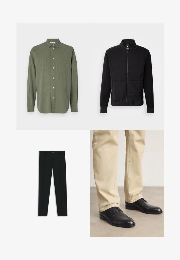 Sort bomberjakke med polstret torso, ensfarvede ærmer, ribbede manchetter og lynlås foran. Materialet er en blanding af syntetiske fibre og bomuld.; Langærmet skjorte i olivengrøn, tekstureret stof, knaplukning foran, enkelt brystlomme og klassisk krave.; Sorte dressbukser med lige ben-design, lavet af glat stof. Har en frontlukning med knap og bæltestropper. Enkle uden mønstre.; Sorte læder snørebåndssko med rund tå, glat finish og diskrete syninger, båret med lyse beige bukser.