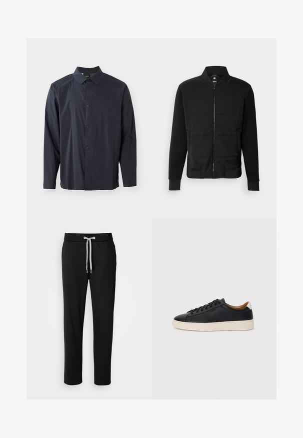 Juodas bomber stilius švarkas su pamputu kūnu, vientisomis rankovėmis, gumuotomis apykaklėmis ir priekyje su užtrauktuku. Medžiaga pagaminta iš sintetinių ir medvilnės mišinių.; Tamsiai mėlyna marškiniai su apykakle, ilgomis rankovėmis ir tekstūrine medžiaga. Yra priekinė užsegimo dalis su mygtukais ir subtilus logotipas.; Juodos sportinės kelnės, pagamintos iš minkštos medžiagos, su elastingu juosmeniu ir raišteliu, taip pat šoninėmis kišenėmis. Kasdienis dizainas su tiesia forma.; Juodos odinės sportbačiai su lygiu paviršiumi, smėlio spalvos guminis padas, raišteliais užsegama konstrukcija ir kontrastingas kulno akcentas.
