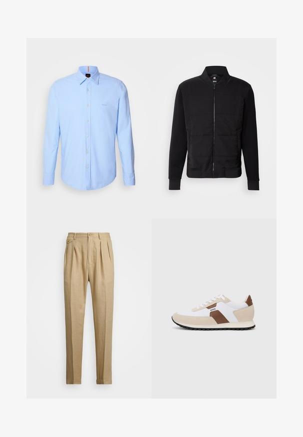 Casaco bomber preto com um torso acolchoado, mangas sólidas, punhos canelados e fecho frontal com zipper. O material combina fibras sintéticas e algodão.; Camisa de manga longa azul claro, feita de algodão, com colarinho abotoado, frente com botões e um pequeno bordado de logo no peito.; Calças de linho bege com corte reto, apresentando dois plissados frontais, fecho com botão e bolsos laterais. Tecido texturizado com um acabamento suave.; Sapatilhas com uma combinação de malha branca e camurça bege, com um detalhe em pele castanha. Bico arredondado, sola de borracha plana e design com atacadores.