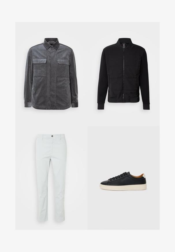 Fekete bomber dzseki párnázott torsóval, egyszínű ujjak, bordás mandzsetták és elöl cipzárral. Az anyag szintetikus és pamut keverékéből készült.; Fekete és szürke csíkos kordbársony ing, gombos gallérral, két mellen lévő zsebbel és hosszú ujjakkal. Texturált anyag, sima felülettel.; Világoszöld, egyenes fazonú pamut nadrág, elülső gombos záródással és oldalsó zsebekkel. Sima textúra, minták nélkül.; Fekete bőr sportcipők sima felülettel, bézs gumitalppal, fűzős dizájnnal és kontrasztos sarkú akcentussal.