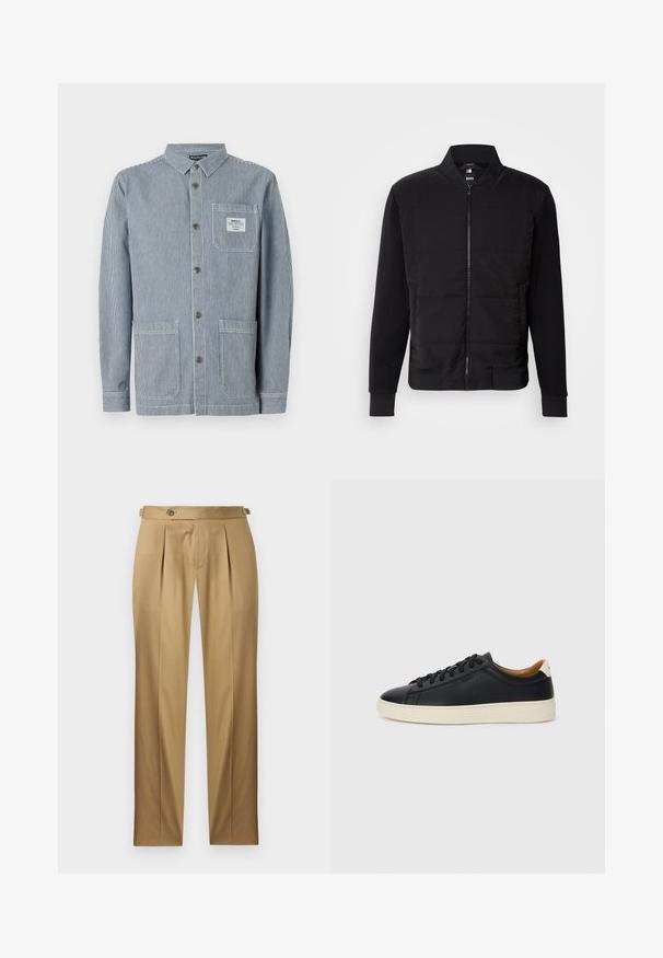 Zwarte bomberjack met een gevoerde torso, stevige mouwen, ribgebreide manchetten en een ritssluiting aan de voorkant. Materiaal is een mix van synthetische vezels en katoen.; Gestreepte blauwe werkjas met knoopsluiting, twee voorzakken en een patchzak op de borst met een label. Gemaakt van een katoenmix.; Beige broek met een rechte pasvorm, voorzien van plooien, een knoopsluiting en riemlussen. Gladde stof met een nette, op maat gemaakte uitstraling.; Zwarte leren sneakers met een gladde textuur, beige rubberen zool, vetersluiting en een contrasterende hielaccent.