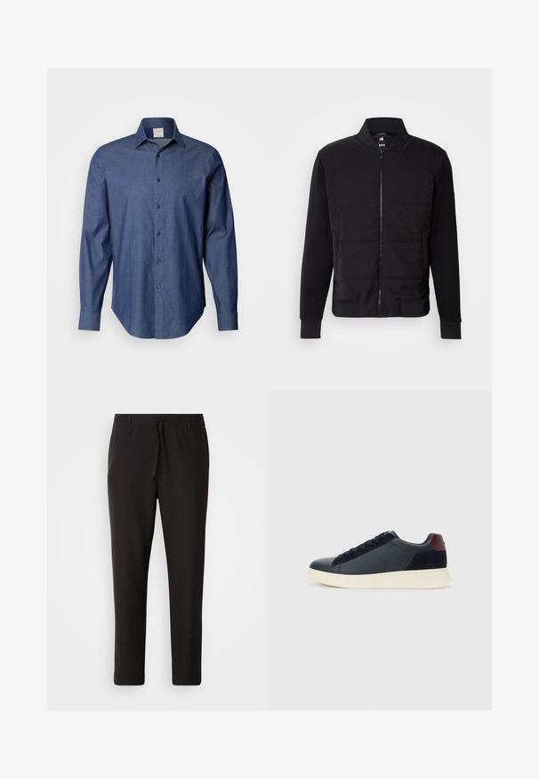 Casaco bomber preto com um torso acolchoado, mangas sólidas, punhos canelados e fecho frontal com zipper. O material combina fibras sintéticas e algodão.; Camisa azul-escura de botão feita de um tecido com uma textura subtil. Apresenta um colarinho clássico e mangas longas com punhos de botão.; Calças de jogging pretas feitas de tecido liso. Apresentam uma cintura elástica com cordão, pernas ligeiramente ajustadas e sem bolsos visíveis. Design simples.; Sapatilha baixa masculina em couro preto e camurça com aba de calcanhar em amarelo-escuro e sola de borracha branca, vista do lado exterior.