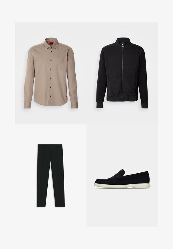 Chaqueta bomber negra que presenta un torso acolchado, mangas sólidas, puños acanalados y un cierre frontal de cremallera. El material combina fibras sintéticas y algodón.; Camisa de manga larga de algodón en color marrón claro con cuello abotonado, botones negros y una pequeña etiqueta de logo rojo en el dobladillo.; Pantalones de vestir negros con un diseño de pierna recta, hechos de una tela suave. Cuentan con un cierre frontal de botón y lazos para cinturón. Liso, sin patrones.; Zapato negro sin cordones con puntera redondeada, que presenta una parte superior texturizada, suela blanca lisa y un discreto detalle de marca en el lateral.