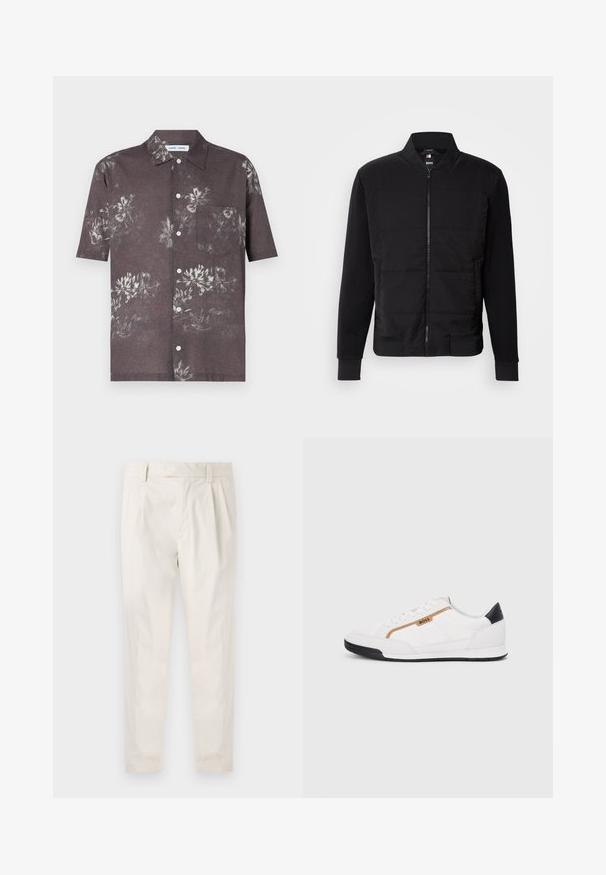 Črna bomberska jakna z oblazinjenim trupom, enakimi rokavi, rebrastimi manšeti in sprednjim zadrgo. Material je kombinacija sintetičnih in bombažnih vlaken.; Kratka majica s kratkimi rokavi v temno sivi tkanini, okrašena z cvetličnim vzorcem v svetlejših odtenkih, z gumbnim zapenjanjem in žepom na prsih.; Bele, plisirane hlače s krojenim prileganjem, z gladko teksturo, z zankami za pas in ožjimi hlačnicami. Brez vidnih žepov ali vzorcev.; Bele športne čevlje z mrežnimi in usnjenimi detajli. Opremljeni so z zlatim logotipom "BOSS", teksturiranimi stranskimi paneli in črnim kapcom na peti. Guma podplat.