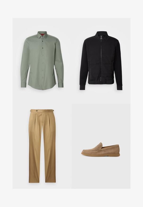 Black bomber jacket featuring a padded torso, solid sleeves, ribbed cuffs, and a front zip closure. Material combines synthetic and cotton blends.; Long-sleeve shirt in muted green, lightweight fabric. Features a button-down collar, gray buttons, and a curved hem.; Beige trousers with a straight fit, featuring pleats, a button closure, and belt loops. Smooth fabric with a clean, tailored look.; Brown suede slip-on loafers with a smooth texture and stitched detailing; features a rubber sole for traction.