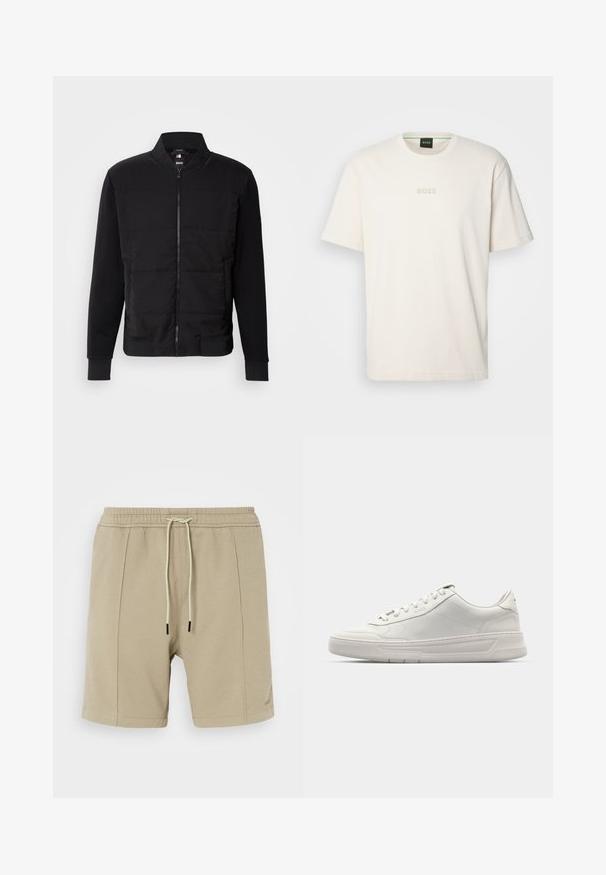 Must have musta, millel on padjakleidi torso, ühtlast värvi varrukad, soonikud ja eesmine lukuga sulgemine. Materjal koosneb sünteetilisest ja puuvillasegust.; BOSS TEE - Lihtne T-särk - open white; Bež lühikesed püksid, mis on valmistatud tekstureeritud kangast, elastse vöökoha ja nööriga, kahte külgõmblust. Lihtne disain, ilma nähtavate mustriteta.; Valged tennisjalatsid sileda nahkpealsega, ümarate varvastega, paeltega sulgemisega ja paksu kummitaldaga. Peen logo küljel.